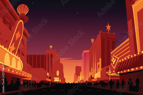 Generate a vibrant, detailed night scene of a bustling casino strip, showcasing bright neon lights, glittering buildings, and crowds of people.