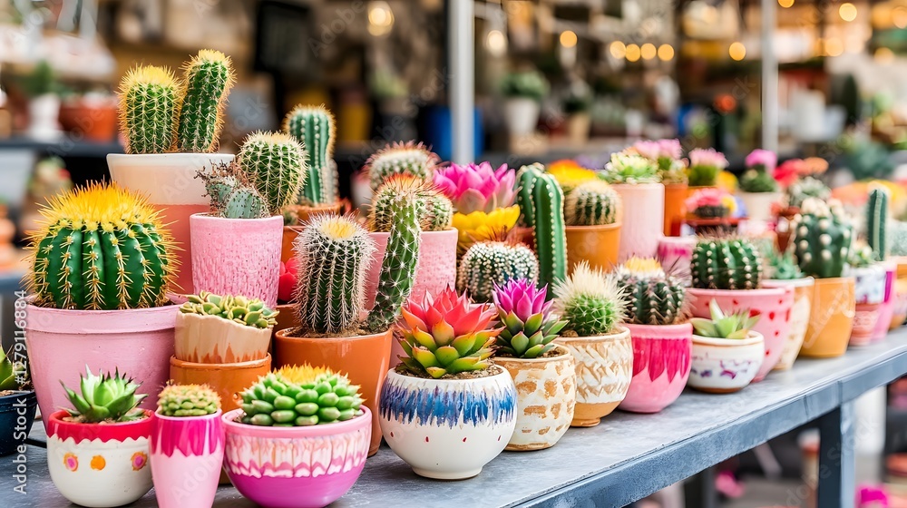 Fototapeta premium Various Cacti and Succulents in Colorful Decorative Pots on a Table in Soft Daylight