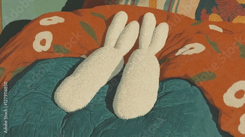 there are two white slippers on a bed with a red blanket photo