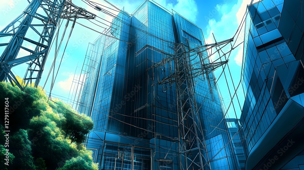 Digitally Altered Cityscape With Modern Buildings Power Lines and Trees Under Blue Sky Digitally Altered Cityscape With Modern Buildings Power Lines and Trees Under Blue Sky