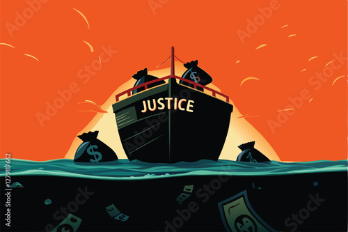 A dramatic rendering of a sinking ship named "Justice Weig," depicting waves crashing over the deck, symbolizing the downfall of corrupt justice.