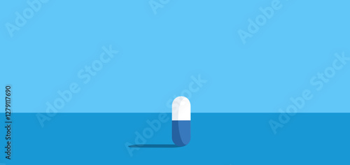 This depicts single blue and white capsule pill standing upright on a blue background.