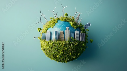 Eco-Friendly City on a Green Planet, A miniature cityscape with skyscrapers and wind turbines on a lush green planet