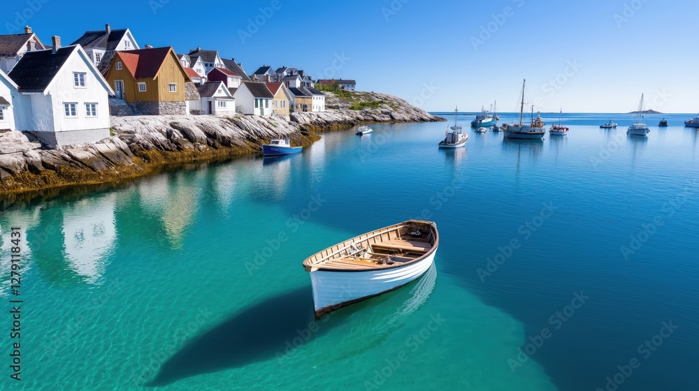 Obraz premium Charming fishing village with pastel houses and serene harbor waters at midday