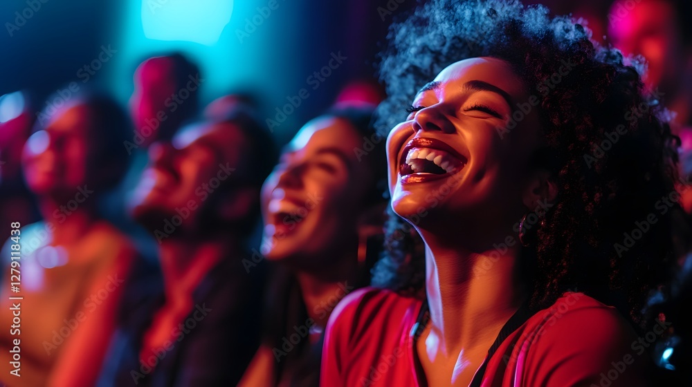 Joyful Laughter from Audience at Night Event with Colorful Lighting Joyful Laughter from Audience at Night Event with Colorful Lighting
