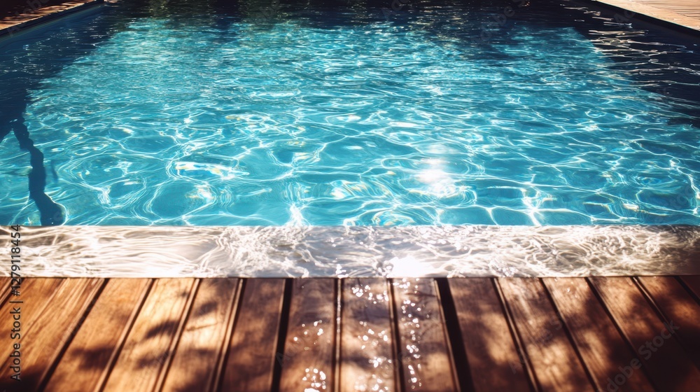 Obraz premium A serene pool features a wooden deck, surrounded by inviting blue water, perfect for relaxation and leisure activities.
