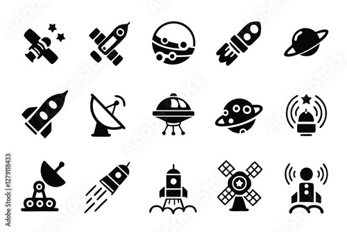 Create a high-resolution icon pack depicting 15 diverse elements of space exploration and aerospace technology.  Include rockets, satellites, planets, astronauts, and space stations.