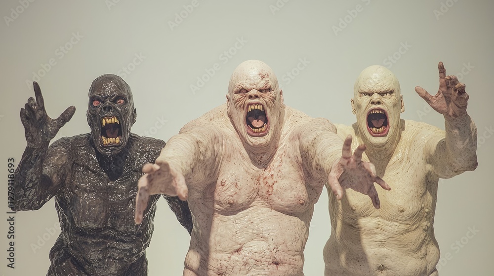 Fototapeta premium Three monstrous figures, studio shot, horror theme, film production