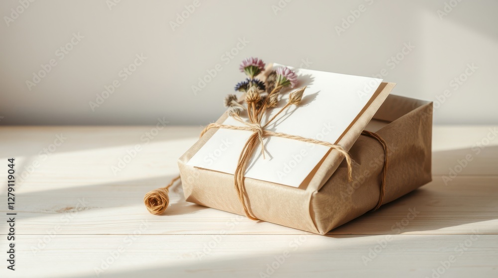 A thoughtfully wrapped gift adorned with delicate flowers and a personalized card, resting on a wooden surface. A thoughtfully wrapped gift adorned with delicate flowers and a personalized card, resting on a wooden surface.