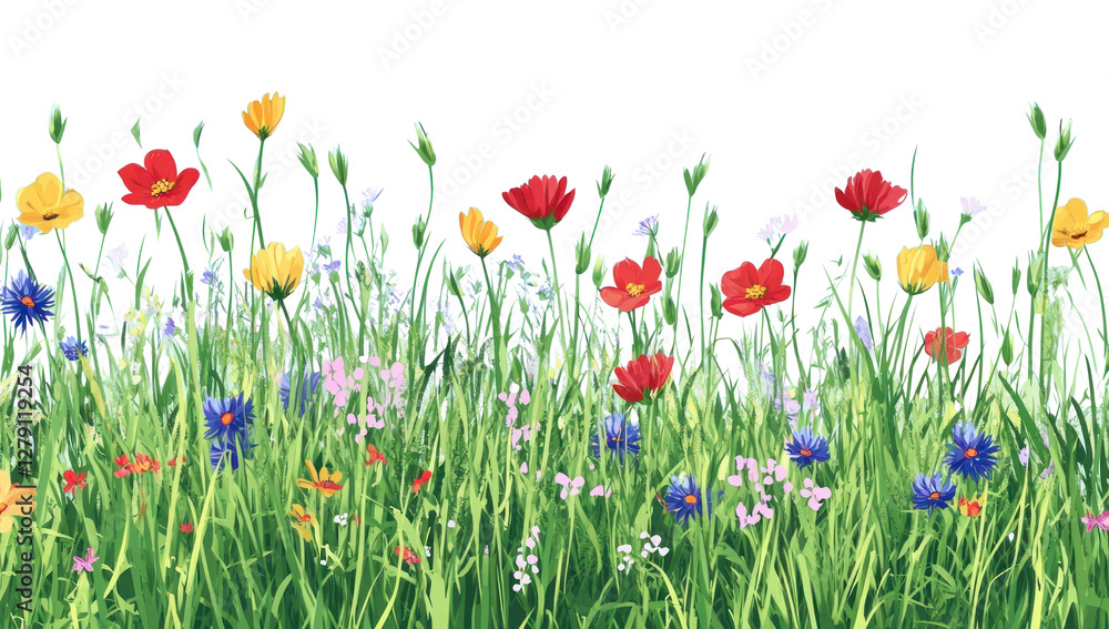 PNG Grassy meadow with wildflowers illustration landscape blossoms. PNG Grassy meadow with wildflowers illustration landscape blossoms.