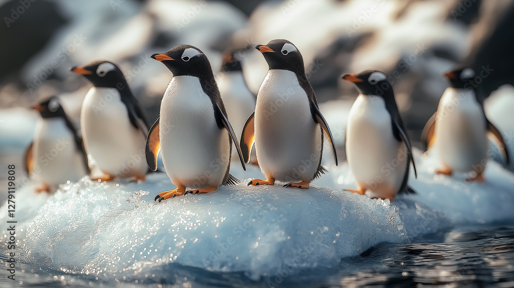 Fototapeta premium A group of penguins stands on a small ice floe that is melting beneath them. Problems of ecology and melting glaciers. Global warming.