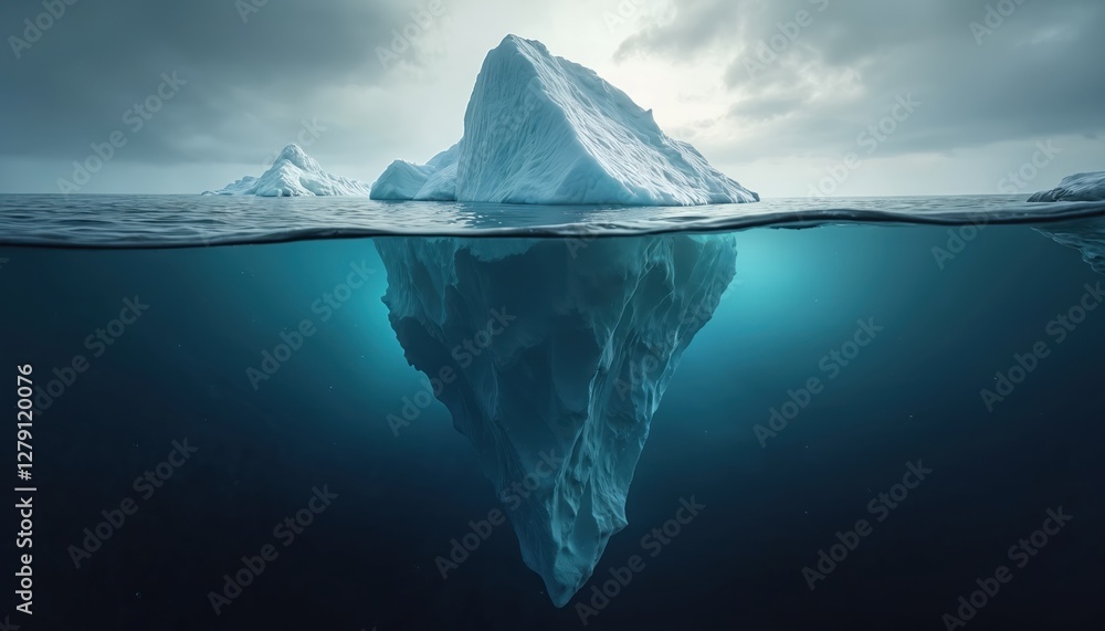 Fototapeta premium Dramatic half underwater iceberg photo. Global warming, climate change concept. Dark blue ocean waters, cloudy skies. Risk, danger metaphor. Environmental issue, ice melting in north pole, antarctic.