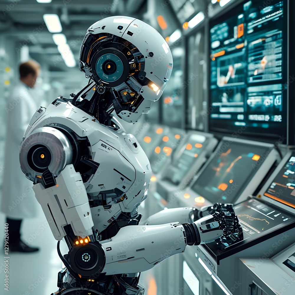 Advanced robotic assistant analyzing data in a high-tech laboratory with researchers in the background Advanced robotic assistant analyzing data in a high-tech laboratory with researchers in the background