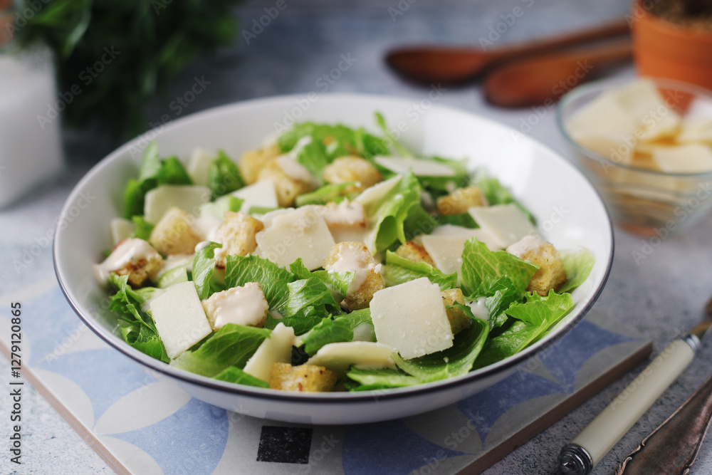 A bowl with classic Caesar salad A bowl with classic Caesar salad