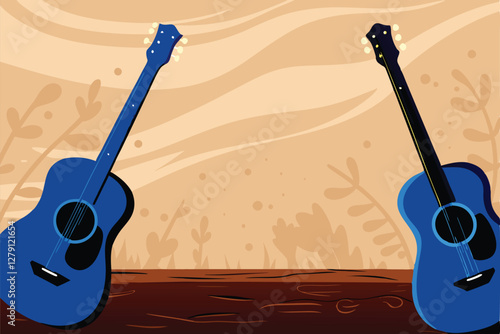 Serene illustration featuring acoustic guitars, soft blue hues, and gentle, calming imagery evoking tranquility and musical inspiration.