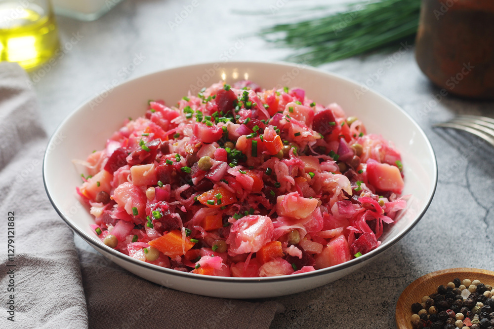 A bowl with Vinegret salad, a typical Russian dish A bowl with Vinegret salad, a typical Russian dish