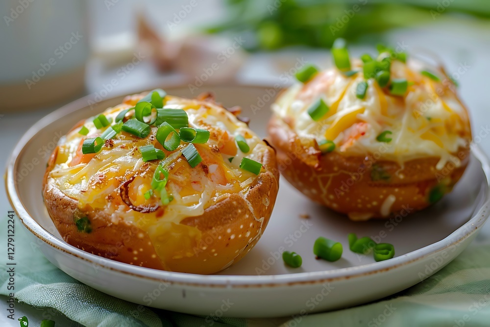 Baked potatoes with cheese and vegetables on a plate Baked potatoes with cheese and vegetables on a plate