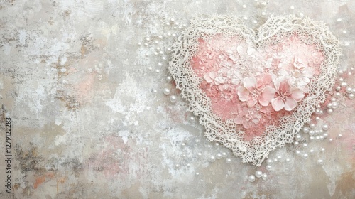 Delicate Pink Heart with White Pearls and Flowers