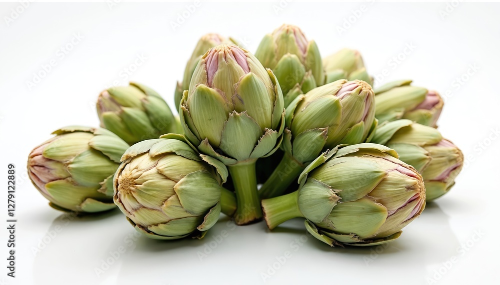 Fototapeta premium Jerusalem artichoke tubers pile on white. Raw sunchokes bulbs, healthy prebiotic food source. Fresh diet vegetable root, vegan food ingredient, balanced nutrition.