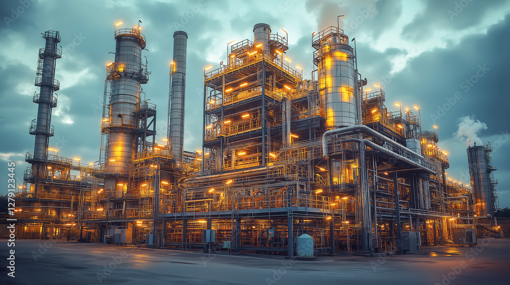 Carbon capture and storage facilities at a large industrial plant. Panoramic shot of the plant with a view of the installations. Industrial pollution concept. Carbon capture and storage facilities at a large industrial plant. Panoramic shot of the plant with a view of the installations. Industrial pollution concept.