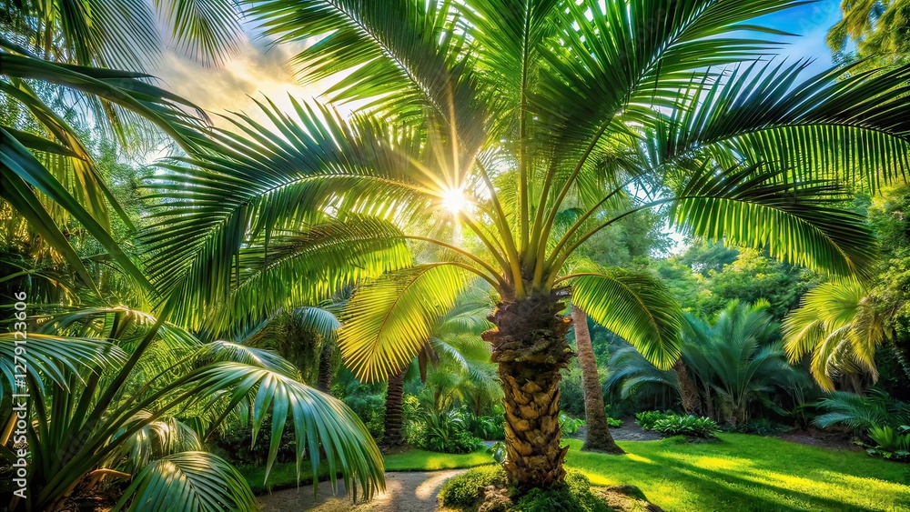 Fototapeta premium Botanical Garden Palm Tree Portrait, Tropical Escape, Lush Green