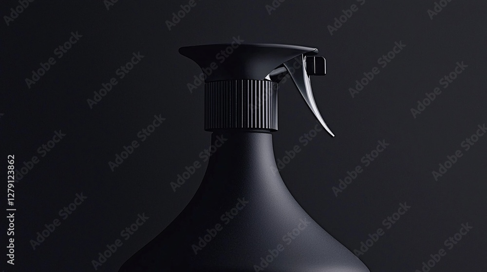 sleek black spray bottle with a matte finish, isolated on a black background, highlighting its modern design and functionality. black spray bottle, matte finish, modern design, sleek appearance, sleek black spray bottle with a matte finish, isolated on a black background, highlighting its modern design and functionality. black spray bottle, matte finish, modern design, sleek appearance,