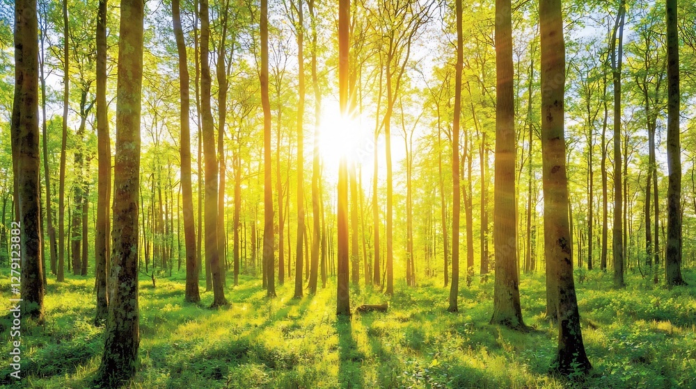 Obraz premium Enchanting sunlight filtering through a vibrant, green forest canopy