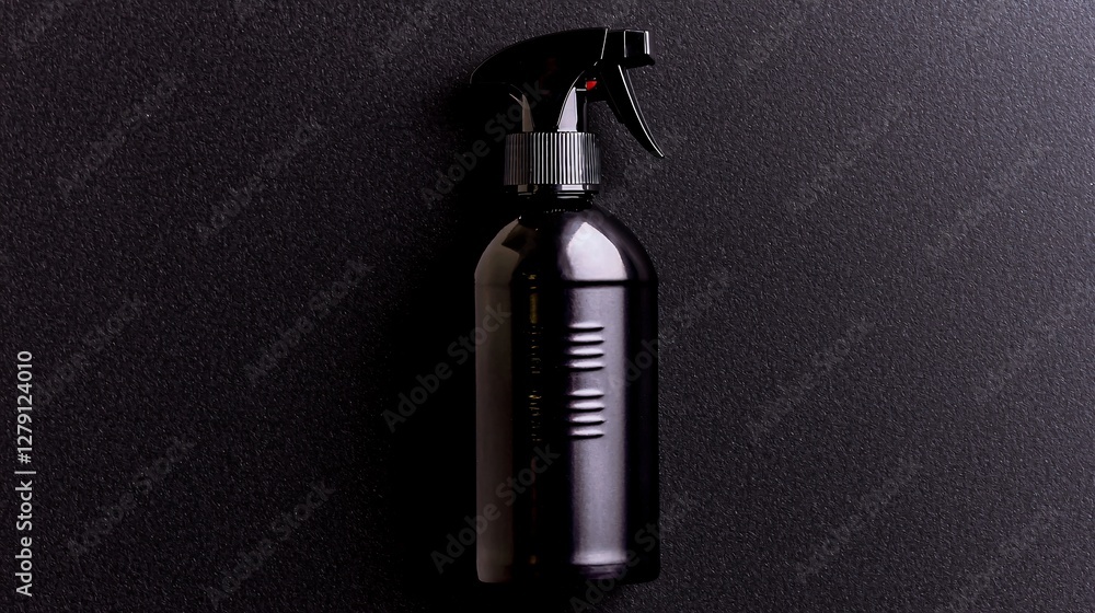 black spray bottle with a glossy surface, placed centrally against a black background, emphasizing its elegant, professional look with copy space for text or branding. black spray bottle, glossy black spray bottle with a glossy surface, placed centrally against a black background, emphasizing its elegant, professional look with copy space for text or branding. black spray bottle, glossy