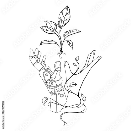 Robotic hand and a human hand reaching towards a sprouting plant,connection between technology and nature and the growth of artificial intelligence Minimalist line art vector.Logo, emblem, print