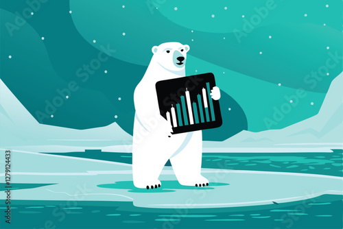 A majestic polar bear solemnly holds a graph illustrating the alarming decline in Arctic sea ice, highlighting climate change's impact.