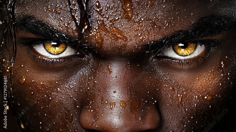 Close-up of a dark-skinned man's intense gaze, his face glistening with sweat. Powerful and dramatic. Close-up of a dark-skinned man's intense gaze, his face glistening with sweat. Powerful and dramatic.
