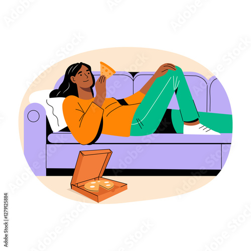 A flat illustration of lazy girl eating pizza