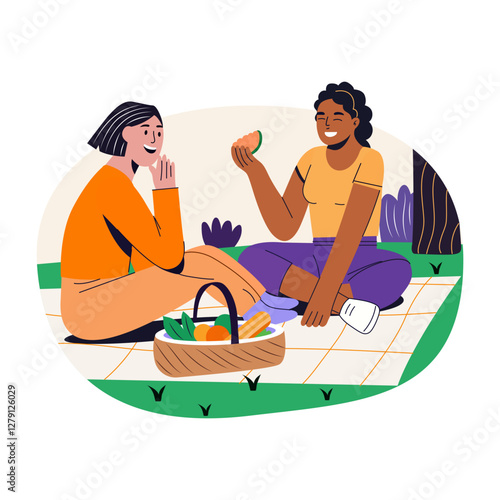 A flat illustration of girls enjoy picnic party