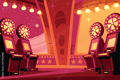 Create a vibrant retro casino vector illustration featuring a vintage slot machine, incorporating classic design elements like cherries and sevens.