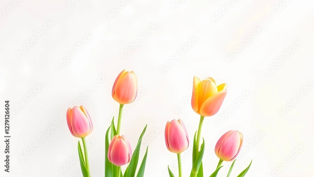 A spring background with pastel colors in a minimalist style, featuring blooming tulips on a light backdrop. Soft textures and airy natural elements, a fresh and delicate atmosphere A spring background with pastel colors in a minimalist style, featuring blooming tulips on a light backdrop. Soft textures and airy natural elements, a fresh and delicate atmosphere