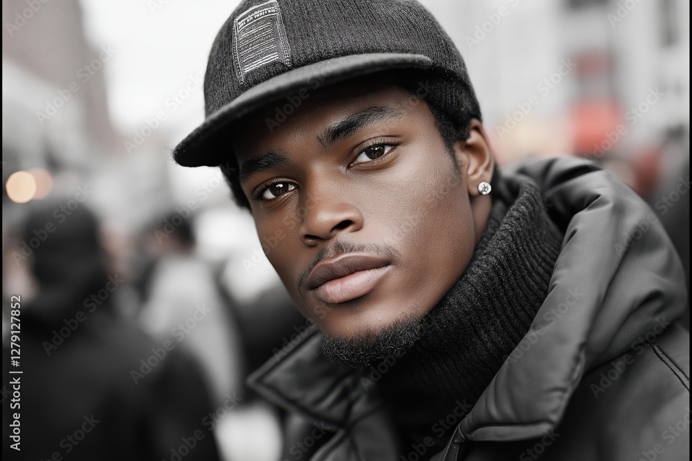 Young man with a stylish cap and winter coat poses confidently in a busy urban street setting Young man with a stylish cap and winter coat poses confidently in a busy urban street setting
