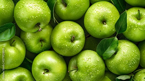 Green apples with drops of water on a dark background