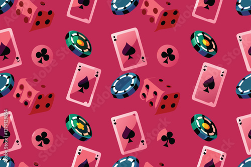 Create a vibrant, seamless pattern featuring playing cards, dice, poker chips, and other casino-themed elements.  Design should be suitable for fabric or wallpaper.