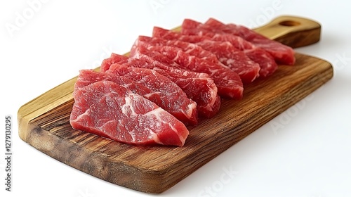 Slices of raw beef meat on a wooden cutting board