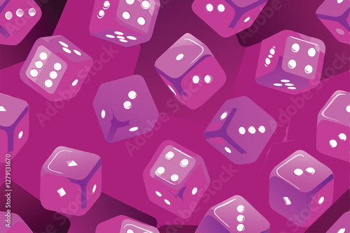 Create a seamless vector pattern featuring realistically rendered tumbling dice, showcasing a dynamic, energetic design with a focus on the number one (1) prominently displayed on at least one die.