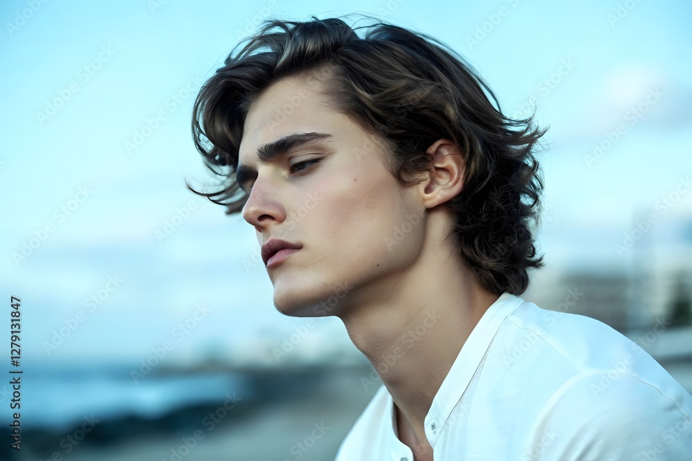 Aesthetic portrait of a young male model with natural lighting, soft shadows, and a clean monochromatic theme. Aesthetic portrait of a young male model with natural lighting, soft shadows, and a clean monochromatic theme.
