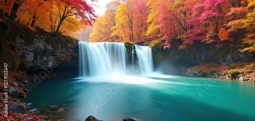 Beautiful autumn waterfall flowing in colorful forest. Red, orange, yellow foliage on trees. Scenic nature landscape with vibrant colors evokes peaceful mood. Pure fresh water stream flows through