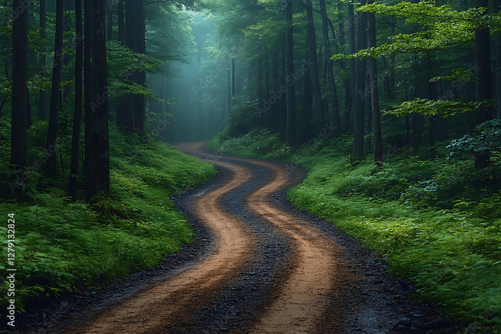 Fototapeta premium Serene Winding Forest Path in Misty Woods