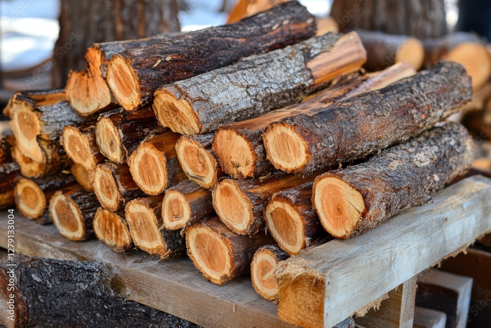 Stacked logs are arranged neatly on a wooden table, surrounded by lush greenery in a tranquil forest setting. Stacked logs are arranged neatly on a wooden table, surrounded by lush greenery in a tranquil forest setting.