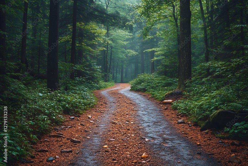 Fototapeta premium Serene Forest Path in Misty Rain