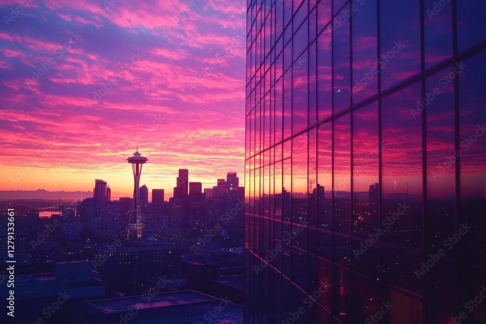 Fototapeta premium Stunning sunset view reflecting on modern glass skyscrapers in a city skyline