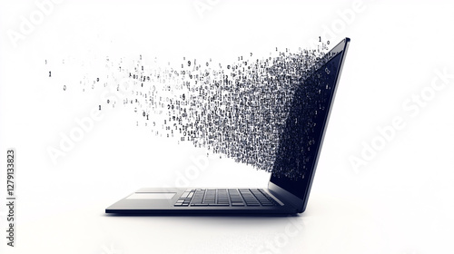 A sleek laptop breaks apart into digital code pieces illustrating cyber transformation artificial intelligence and data transfer


