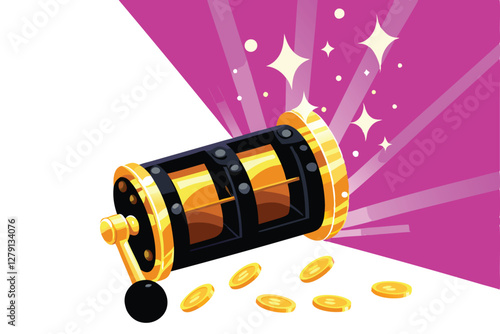 Create a shiny, vector illustration of a slot machine lever being forcefully pulled downwards, emphasizing the metallic gleam and tension.  Include a single, glowing number '1' near the lever.