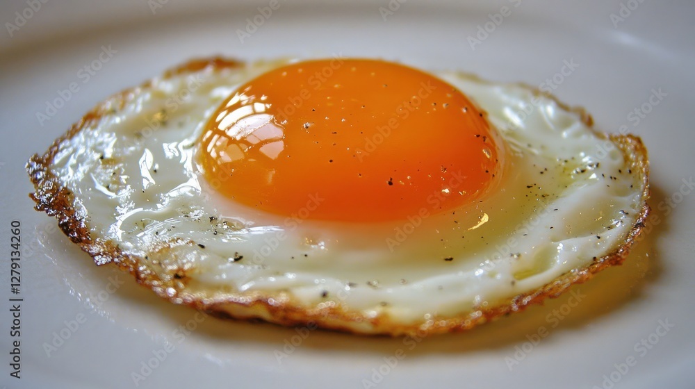 A perfectly cooked fried egg with a runny yolk, seasoned with black pepper, on a white plate. A perfectly cooked fried egg with a runny yolk, seasoned with black pepper, on a white plate.