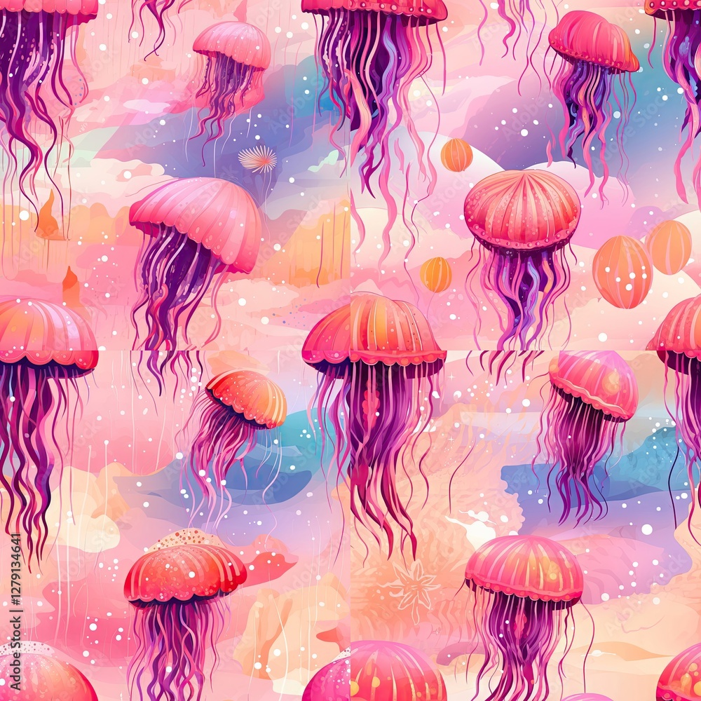 Magical pink jellyfish seamless pattern on dreamy gradient background. Ocean underwater creatures design for textile, wallpaper and wrapping paper. Marine life illustration Magical pink jellyfish seamless pattern on dreamy gradient background. Ocean underwater creatures design for textile, wallpaper and wrapping paper. Marine life illustration